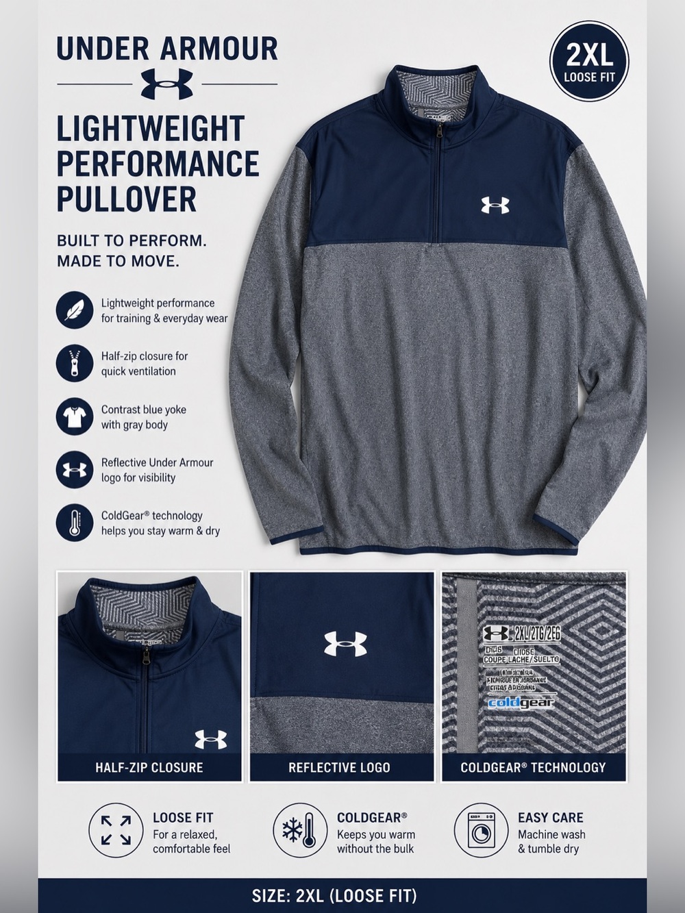 Under Armour Navy and Gray Men’s Lightweight Performance Pullover Loose Fit 2XL